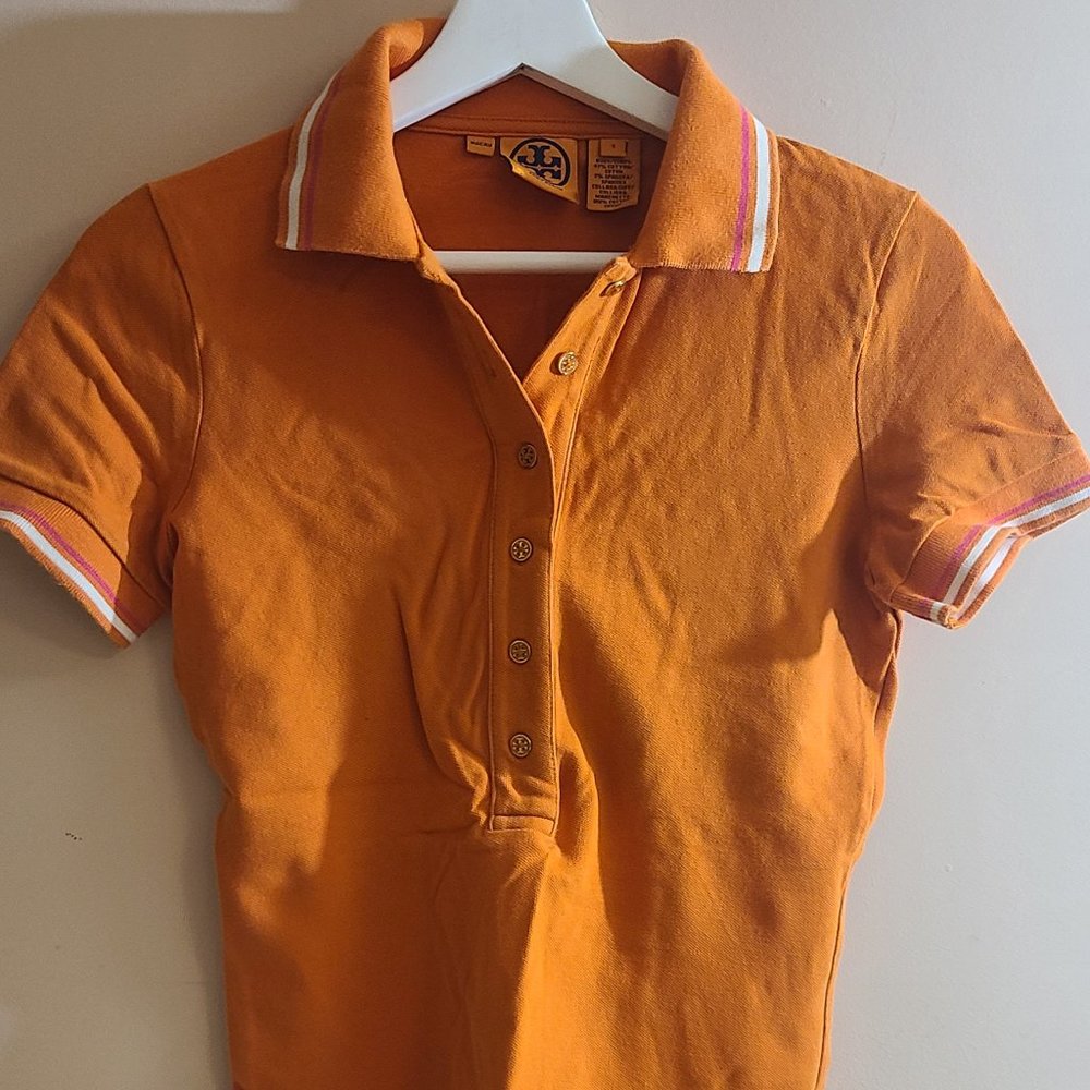 SOLD - Tory Burch Signature Orange Women Polo Collar Shirt Sz Small Vintage